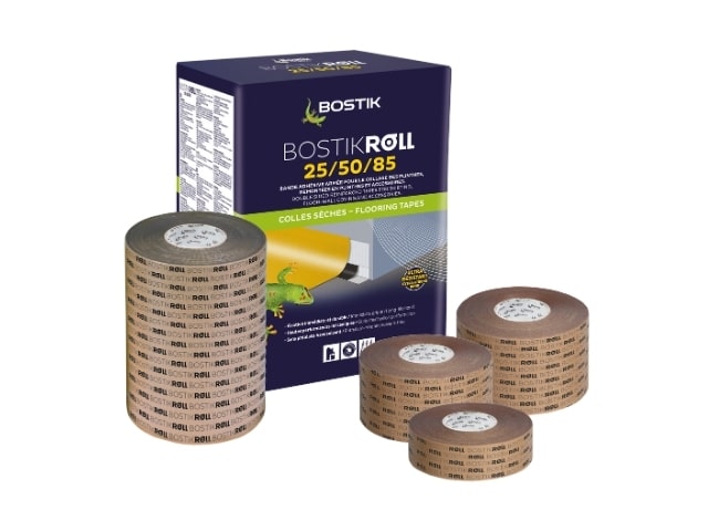 A box and rolls of Bostik ROLL reinforced adhesive impact tape