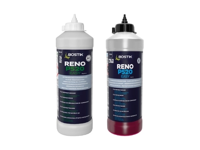 Two bottles of Bostik RENO P520 EASY floor repair resin