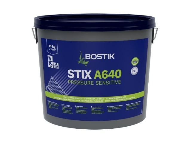 A PCR bucket of Bostik STIX A640 PRESSURE SENSITIVE floor adhesive