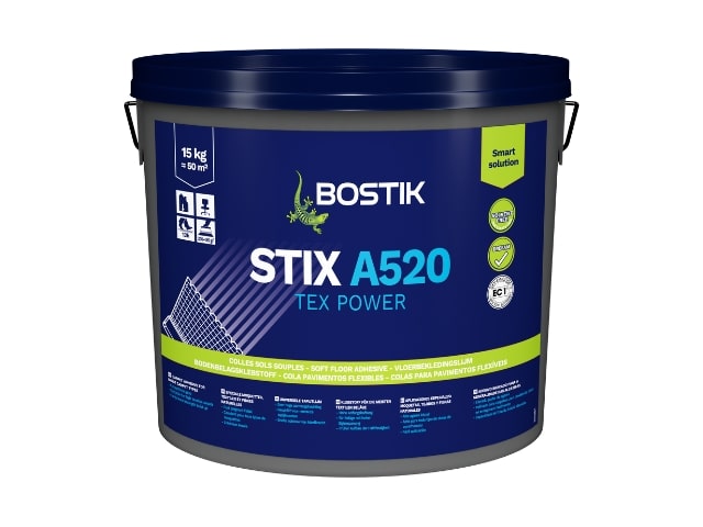 A bucket of Bostik STIX A520 TEX POWER floor adhesive